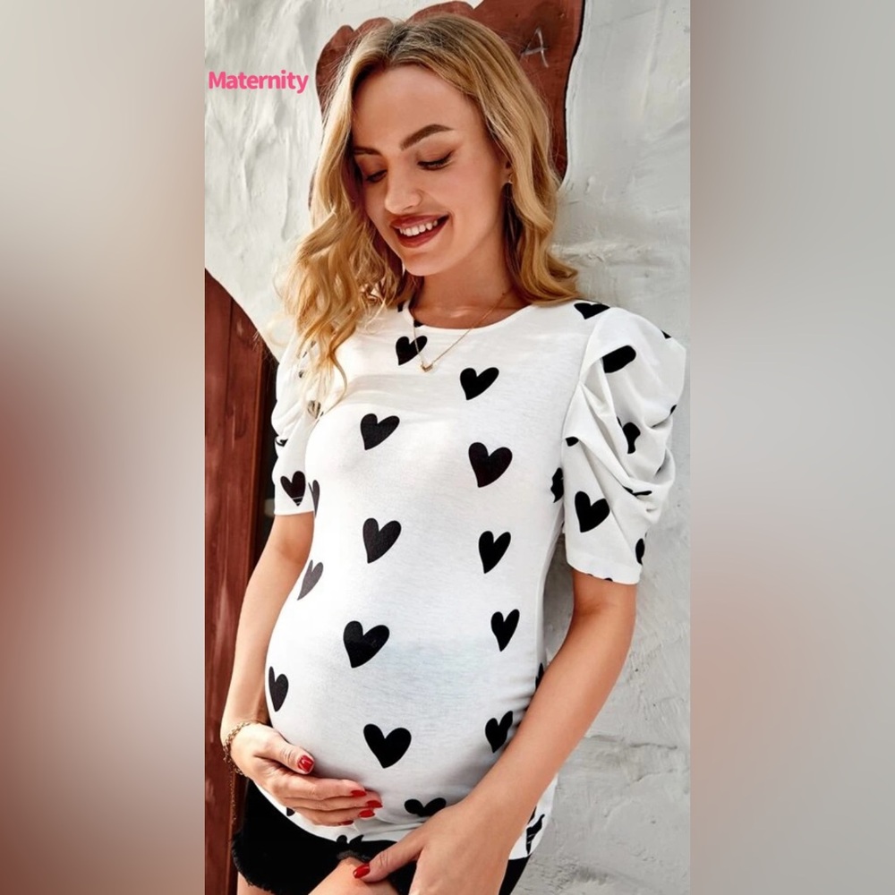 Heart Print Puff Sleeve Maternity Top - Black & White